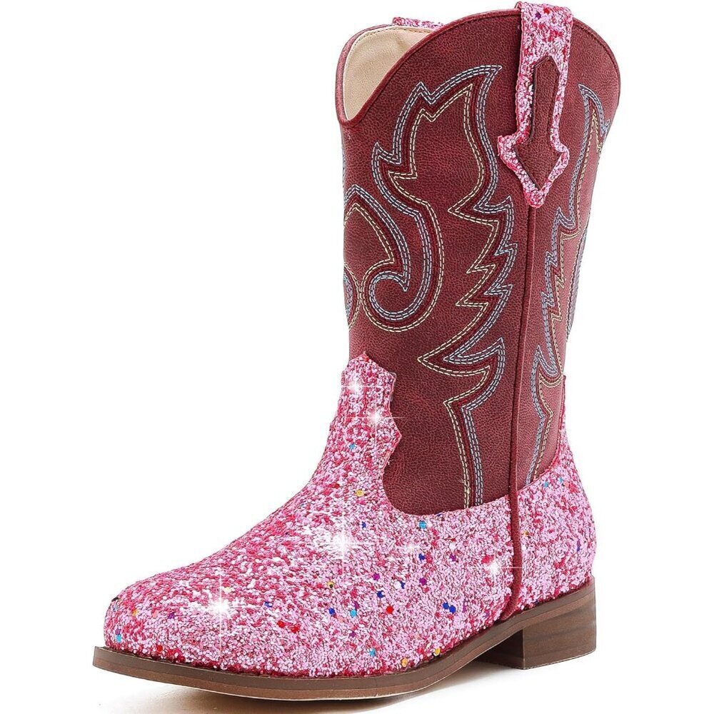 🆕Kids Pink Sequins Boots Glitter Toddler Little Big Mid Calf Western Shoes